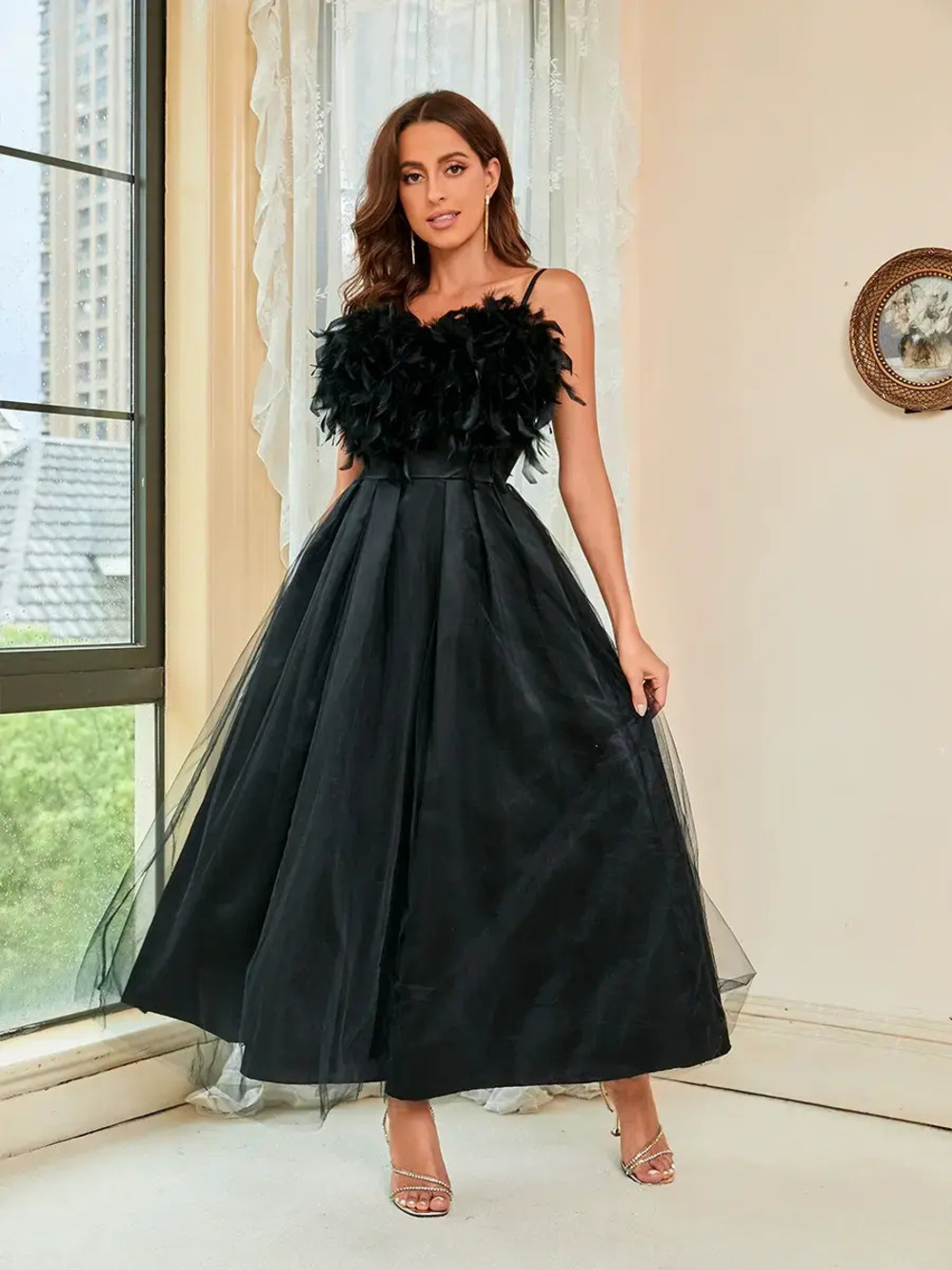ZARA Feather Strap Tulle Evening Gown